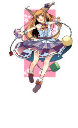 Rule 34 | 1girl, :d, black footwear, border, bow, chain, cube, footwear bow, full body, gourd, hair bow, haya taro pochi, holding, horn ornament, horn ribbon, horns, ibuki suika, long hair, low-tied long hair, open mouth, orange eyes, orange hair, orb, pink background, purple skirt, pyramid (structure), red bow, ribbon, ribbon-trimmed skirt, ribbon trim, shirt, skirt, smile, solo, torn clothes, torn sleeves, touhou, white border, white legwear, white shirt, wrist cuffs