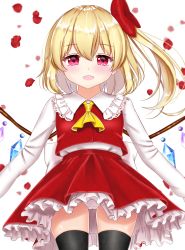 Rule 34 | 1girl, absurdres, ascot, black thighhighs, blonde hair, blurry, blurry background, blush, commentary, cowboy shot, depth of field, flandre scarlet, frilled shirt collar, frills, hair between eyes, hair ribbon, highres, long sleeves, looking at viewer, no headwear, nyanyanoruru, open mouth, panties, pantyshot, petals, petticoat, red eyes, red skirt, red vest, ribbon, rose petals, shirt, short hair, short hair with long locks, side ponytail, simple background, skindentation, skirt, solo, standing, thighhighs, touhou, underwear, vest, white background, white panties, white shirt, wings, yellow ascot
