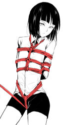 Rule 34 | 1boy, arms behind back, bdsm, bishounen, blunt bangs, bob cut, bondage, bound, bound arms, closed mouth, crotch rope, locon, male focus, original, red rope, restrained, rope, shibari, simple background, solo, spot color, uniform, white background