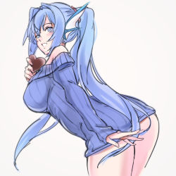 Rule 34 | 1girl, animal ears, ass, bad id, bad pixiv id, bare shoulders, blue eyes, blue hair, blush, breasts, candy, chocolate, chocolate heart, food, heart, large breasts, lintanghaseo, long hair, looking at viewer, looking back, matching hair/eyes, no pants, original, parted lips, ponytail, smile, solo, sweater, very long hair