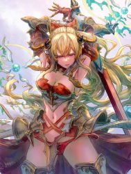 Rule 34 | 1girl, armor, armpits, arms up, bikini armor, blonde hair, breasts, cleavage, fake horns, gauntlets, granblue fantasy, hair between eyes, highres, holding, holding sword, holding weapon, horns, large breasts, leg armor, long hair, looking at viewer, mitsu plus, navel, panties, parted lips, pink eyes, ponytail, red armor, red panties, revealing clothes, smile, solo, sword, thighhighs, underwear, vira (granblue fantasy), weapon