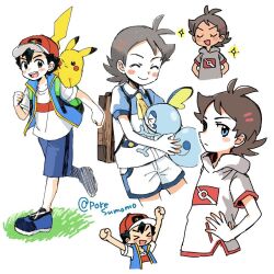 2boys :d ash_ketchum backpack bag black_hair blue_vest blush brown_bag clenched_hands commentary_request creatures_(company) game_freak gen_1_pokemon gen_8_pokemon goh_(pokemon) grey_shirt hat male_focus multiple_boys multiple_views nintendo open_clothes open_mouth open_vest pikachu pokemon pokemon_(anime) pokemon_journeys pokesumomo red_hat school_uniform shirt shoes short_hair short_sleeves shorts smile sobble sparkle standing t-shirt teeth tongue twitter_username upper_teeth_only vermilion_city_school_uniform vest white_shirt white_shorts