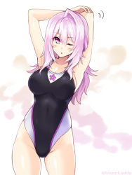 Rule 34 | 1girl, armpits, arms up, black one-piece swimsuit, blush, breasts, cleavage, competition swimsuit, covered navel, cowboy shot, cu-no, hisen kaede, kikyou-0423, large breasts, long hair, looking at viewer, one-piece swimsuit, one eye closed, pink hair, purple eyes, sketch, solo, stretching, swimsuit, yayoi sakura