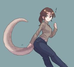 Rule 34 | !, 1girl, blue background, blue pants, brown eyes, brown hair, brown sweater, closed mouth, denim, feet out of frame, from side, jeans, lizard tail, long sleeves, looking back, original, pants, ponytail, popopoka, ribbed sweater, simple background, solo, sweater, tail, tail raised