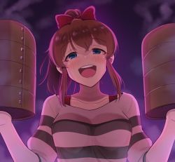 Rule 34 | 1girl, bamboo steamer, barrel, blue eyes, blush, bow, bra strap, breasts, brown hair, collarbone, hair bow, idolmaster, idolmaster million live!, kamille (vcx68), looking at viewer, medium breasts, open mouth, red bow, satake minako, short hair, short ponytail, smile, solo, upper body