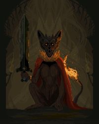 Rule 34 | cape, elden ring, erdtree burial watchdog, flame-tipped tail, highres, holding, holding sword, holding weapon, looking at viewer, monster, no humans, pixel art, pixelianska, red cape, solo, sword, weapon