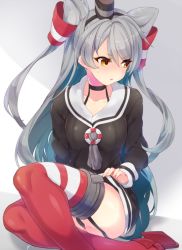 Rule 34 | 1girl, amatsukaze (kancolle), bad id, bad twitter id, black choker, blush, choker, clothes lift, commentary request, dress, embarrassed, grey neckerchief, hair between eyes, hairband, hat, kantai collection, lifting own clothes, long hair, looking away, mini hat, neckerchief, parted lips, pokoten (pokoten718), red thighhighs, sailor collar, sailor dress, silver hair, sitting, skirt, skirt lift, solo, sweatdrop, thighhighs, two side up, white sailor collar, yellow eyes