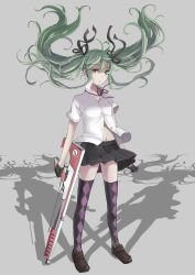 Rule 34 | 1girl, argyle, argyle clothes, argyle legwear, ataru (ataru squall), floating hair, gloves, green eyes, green hair, gun, hatsune miku, highres, loafers, long hair, matching hair/eyes, navel, necktie, pleated skirt, shadow, shoes, simple background, skirt, solo, thighhighs, twintails, vocaloid, weapon