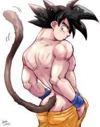 Rule 34 | 1boy, :o, alternate muscle size, ass peek, back, black hair, clothes pull, dougi, dragon ball, dragonball z, from behind, hands in pockets, highres, looking at viewer, looking back, male focus, masamunecat, monkey tail, motion lines, pants, pants pull, solo, son goku, spiked hair, tail, tail raised, toned, toned male, wet, wet hair