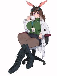 Rule 34 | 1girl, animal ear fluff, animal ears, black footwear, black shorts, blush, boots, brown hair, brown pantyhose, chair, closed mouth, commentary, cross-laced footwear, crossed legs, cup, english commentary, full body, goggles, goggles on head, green sweater, highres, holding, holding cup, lab coat, lace-up boots, lanyard, pantyhose under shorts, long hair, long sleeves, looking at viewer, multicolored hair, office chair, on chair, open clothes, original, pantyhose, purple eyes, rabbit ears, ribbed sweater, ryusei hashida, short shorts, shorts, simple background, sitting, smile, solo, sweater, swivel chair, turtleneck, turtleneck sweater, two-tone hair, white background