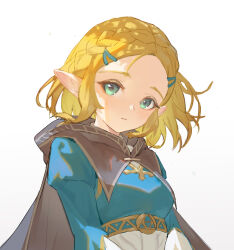 Rule 34 | 1girl, absurdres, akira (526011172), blonde hair, blue shirt, braid, brown capelet, capelet, commentary request, crown braid, green eyes, hair ornament, hairclip, highres, looking at viewer, nintendo, parted bangs, parted lips, partial commentary, pointy ears, princess zelda, shirt, short hair, sketch, solo, the legend of zelda, the legend of zelda: tears of the kingdom, upper body, white background