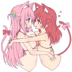 Rule 34 | 2girls, animal ears, asymmetrical docking, bikini, bikini top only, blue eyes, bocchi the rock!, bow, breast press, breasts, cat ears, cat girl, cat tail, commentary request, cube hair ornament, eye contact, gotoh hitori, green eyes, hair ornament, highres, kemonomimi mode, kita ikuyo, large breasts, long hair, looking at another, mel (melty pot), multiple girls, navel, open mouth, pink bikini, pink bow, pink hair, red bow, red hair, simple background, small breasts, smile, swimsuit, tail, tail bow, tail ornament, white background, yellow bikini, yellow eyes, yuri