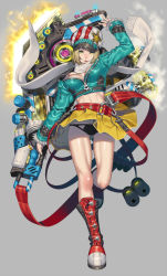 Rule 34 | 1girl, belt, black panties, blonde hair, boots, breasts, cleavage, cropped jacket, electricity, full body, gluteal fold, hat, long sleeves, looking at viewer, machinery, medium breasts, midriff, ogino (oginogino), original, panties, pantyshot, parted lips, red footwear, scarf, skirt, smile, solo, standing, steam, underwear, unzipped, white scarf, yellow eyes, yellow skirt