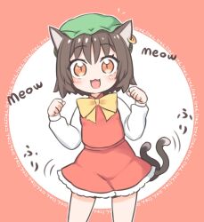 Rule 34 | 1girl, :3, :d, animal ear piercing, animal ears, blush, bow, bowtie, brown eyes, brown hair, cat ears, chen, commentary request, contrapposto, cowboy shot, earrings, fang, green hat, hands up, harunoha, hat, highres, jewelry, long sleeves, looking at viewer, mob cap, open mouth, outline, paw pose, pink background, puffy long sleeves, puffy sleeves, red skirt, red vest, short hair, simple background, single earring, skirt, skirt set, slit pupils, smile, solo, touhou, vest, white outline, yellow bow, yellow bowtie