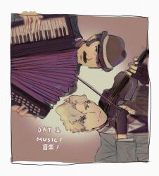 Rule 34 | 2boys, accordion, ace attorney, black hair, blonde hair, blue eyes, bow (music), brown headwear, facial hair, grey jacket, hat, herlock sholmes, highres, holding, holding instrument, holding violin, instrument, jacket, lo (aibo h0), male focus, mature male, multiple boys, music, mustache, playing instrument, rotational symmetry, short hair, the great ace attorney, the great ace attorney 2: resolve, upper body, violin, yujin mikotoba