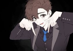 Rule 34 | 1boy, absurdres, bad id, bad twitter id, black background, black jacket, black shirt, blue necktie, brown eyes, brown hair, buried stars, hair between eyes, highres, jacket, korean commentary, lee gyu-hyuk, long sleeves, male focus, monza (saeumon), necktie, open mouth, shirt, simple background, solo, striped clothes, striped shirt, tears, upper body