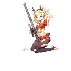 Rule 34 | 1girl, anti-materiel rifle, antlers, bell, belt, between legs, between thighs, black pantyhose, blonde hair, blue eyes, blush, bullpup, christmas, deer tail, fake antlers, feet, full body, fur-trimmed belt, fur-trimmed shirt, fur trim, girls&#039; frontline, gun, hairband, hand up, headphones, holding, holding gun, holding weapon, horns, integral suppressor, integrally-suppressed firearm, jingle bell, kneeling, looking at viewer, medium hair, midriff, mistletoe hair ornament, multicolored hair, navel, official alternate costume, official art, one eye closed, orange hair, ots-44, ots-44 (forest reindeer) (girls&#039; frontline), ots-44 (girls&#039; frontline), pantyhose, prototype design, red hairband, red headphones, red shirt, red shorts, reindeer antlers, rifle, rosele, scope, shirt, shorts, simple background, sniper rifle, snowball, solo, stirrup legwear, streaked hair, suppressor, tail, thick eyebrows, toeless legwear, torn clothes, torn pantyhose, torn shirt, transparent background, wavy hair, wavy mouth, weapon, white belt