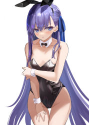 Rule 34 | 1girl, animal ears, backlighting, black bow, black bowtie, black leotard, blue eyes, bow, bowtie, breasts, cowboy shot, detached collar, fate/extra, fate/extra ccc, fate/grand order, fate (series), hair between eyes, half updo, hand on own thigh, kesoshirou, leaning forward, leotard, long hair, medium breasts, meltryllis (fate), playboy bunny, purple hair, rabbit ears, rabbit tail, scowl, simple background, solo, tail, thigh gap, white background, wrist cuffs