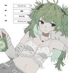 Rule 34 | 1girl, closed mouth, crocodile hair ornament, detached sleeves, drink, green eyes, green hair, hair ornament, highres, holding, holding drink, jewelry, long hair, navel, necklace, original, pants, shirout00, sideways glance, solo, sweatpants