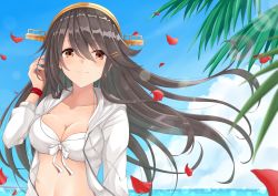 Rule 34 | 1girl, absurdres, bikini, bikini top only, black hair, blue sky, blush, breasts, brown eyes, closed mouth, collarbone, commentary request, day, gensoukitan, hair between eyes, hair ornament, hairband, haruna (kancolle), highres, huge filesize, kantai collection, leaf, long hair, looking at viewer, medium breasts, outdoors, petals, sky, smile, solo, swimsuit, upper body