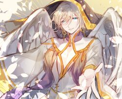 Rule 34 | 1boy, angel, angel wings, black cloak, blonde hair, blue eyes, cloak, cross, cross necklace, ensemble stars!, feathered wings, gloves, jewelry, long sleeves, looking at viewer, male focus, necklace, ratcy (ansuta rm), robe, short hair, smile, solo, teeth, tenshouin eichi, white background, white gloves, white robe, wings