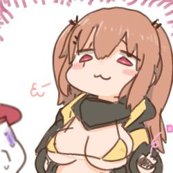 Rule 34 | 1boy, 1girl, puff of air, bikini, bikini top only, black gloves, black jacket, blush stickers, breasts, brown hair, closed mouth, commander (girls&#039; frontline), condom, fingerless gloves, girls&#039; frontline, gloves, jacket, long hair, long sleeves, medium breasts, open clothes, open jacket, red eyes, shiming liangjing, simple background, swimsuit, twintails, ump9 (girls&#039; frontline), white background, yellow bikini