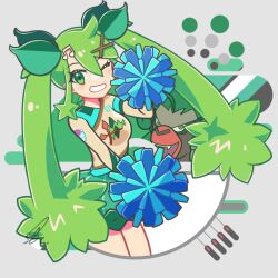 Rule 34 | 1girl, bow, breasts, bright pupils, brown fur, cheerleader, creatures (company), dress, eyelashes, fangs, fortissimo, game freak, gen 8 pokemon, gorilla, grass miku (project voltage), green bow, green eyes, green hair, grey background, hair bow, hair ornament, hatsune miku, long hair, medium breasts, multicolored clothes, multicolored dress, multiple hair bows, multiple hairpins, musical note, musical note hair ornament, nintendo, one eye closed, open mouth, orange eyes, pokemon, pokemon (creature), pom pom (cheerleading), print dress, project voltage, rillaboom, saihate (d3), signature, smile, teeth, twintails, very long hair, vocaloid, x hair ornament