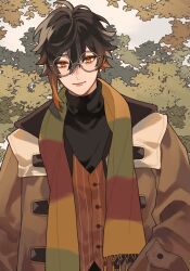 Rule 34 | 1boy, antenna hair, brown coat, brown eyes, brown hair, brown shirt, brown vest, buttons, closed mouth, coat, commentary, genshin impact, glasses, hair between eyes, highres, long sleeves, looking at viewer, male focus, misu 025, multicolored clothes, multicolored hair, multicolored scarf, open clothes, open coat, round eyewear, scarf, shirt, sidelocks, smile, solo, striped clothes, striped vest, symbol-only commentary, tree, turtleneck, upper body, vertical-striped clothes, vertical-striped vest, vest, zhongli (genshin impact)