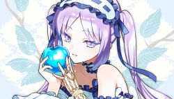 Rule 34 | 1girl, blue apple, fate/hollow ataraxia, fate (series), food, fruit, hairband, holding, holding food, holding fruit, jewelry, lolita hairband, long hair, looking at viewer, necklace, off shoulder, purple eyes, purple hair, puteru, smile, solo, stheno (fate), twitter username, upper body