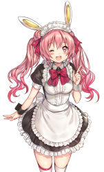 Rule 34 | 1girl, ;d, animal ears, apron, blush, frills, highres, long hair, madogawa, maid, maid apron, maid headdress, md5 mismatch, official art, one eye closed, open mouth, original, pink eyes, pink hair, rabbit ears, resolution mismatch, simple background, smile, solo, source larger, thighhighs, twintails, wrist cuffs