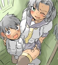 Rule 34 | 1boy, 1girl, @ @, admiral (kancolle), asymmetrical bangs, belt, black hair, black thighhighs, blush, collarbone, commentary, english commentary, epaulettes, from above, gloves, green eyes, grey hair, hair between eyes, hair ornament, hair tie, highres, indoors, kantai collection, kinugasa (kancolle), little boy admiral (kancolle), locker, long hair, long sleeves, military, military uniform, mop, naval uniform, necktie, one eye closed, pink hair, poyo (hellmayuge), purple sailor collar, purple skirt, sailor collar, school uniform, serafuku, sexually suggestive, short sleeves, sitting, sitting on lap, sitting on person, skirt, smile, sweat, nervous sweating, thighhighs, tsurime, uniform, wavy mouth, white gloves, yellow neckwear