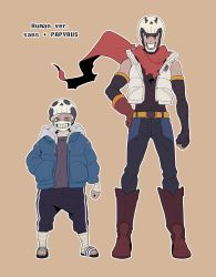 Rule 34 | 2boys, beanie, gloves, half mask, hat, helmet, highres, hood, hoodie, looking at viewer, mask, multiple boys, papyrus (undertale), personification, redhz, sans (undertale), scarf, size difference, smile, undertale
