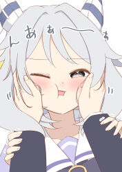 Rule 34 | 1girl, @ @, animal ears, blush, brown eyes, collarbone, grey hair, hand on another&#039;s cheek, hand on another&#039;s face, highres, hishi miracle (umamusume), holding, horse ears, horse girl, k0me, looking at viewer, medium hair, one eye closed, open mouth, portrait, pov, pov hands, school uniform, shaking, simple background, solo focus, tracen school uniform, umamusume, white background