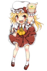 Rule 34 | 1girl, arm up, ascot, blonde hair, blush, fang, flandre scarlet, food, full body, hat, hat ribbon, highres, looking up, mary janes, mob cap, no wings, ochazuke, open mouth, outstretched arm, pudding, puffy sleeves, red eyes, ribbon, shirt, shoes, short hair, short sleeves, side ponytail, simple background, skirt, skirt set, smile, socks, solo, spoon, touhou, vest, white background, white socks