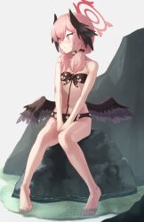 Rule 34 | 1girl, absurdres, bare arms, bare legs, bare shoulders, barefoot, bikini, black bikini, black bow, black wings, blue archive, bow, breasts, collarbone, commentary request, embarrassed, floral print, front-tie bikini top, front-tie top, hair bow, halo, head wings, highres, koharu (blue archive), koharu (swimsuit) (blue archive), low wings, medium hair, mutsuki albino, official alternate costume, partial commentary, print bikini, red halo, sitting, small breasts, solo, swimsuit, wings