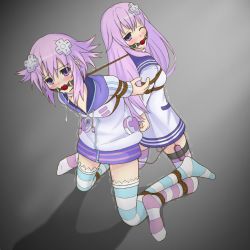 Rule 34 | 10s, 2girls, arms behind back, ball gag, bdsm, blush, bondage, bound, bound together, collar, crying, d-pad, femuto, forced orgasm, gag, hair ornament, incest, linked collar, long hair, looking at viewer, multiple girls, nepgear, neptune (neptunia), neptune (series), open mouth, orgasm, purple eyes, purple hair, restrained, rope, saliva, sex toy, shibari, short hair, siblings, striped clothes, striped legwear, striped thighhighs, thighhighs, trembling, vibrator