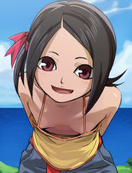 Rule 34 | 00s, 1girl, arms behind back, beach, black hair, blush, breasts, camisole, cloud, downblouse, extended downblouse, female focus, haruyama kazunori, kaminogi haruka, leaning forward, looking at viewer, no bra, noein, ocean, open mouth, outdoors, red eyes, short hair, sky, small breasts, smile, solo, standing, water