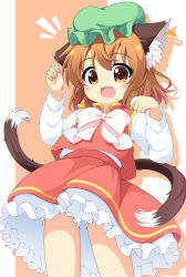 Rule 34 | 1girl, :3, :d, animal ear fluff, animal ears, arms up, bloomers, blush stickers, bow, brown background, brown eyes, brown hair, cat ears, cat tail, chen, commentary request, drop shadow, earrings, fang, green hat, hat, highres, jewelry, leaning back, long sleeves, looking at viewer, mob cap, multiple tails, open mouth, partial commentary, paw pose, petticoat, pila-pela, pink bow, pink neckwear, red skirt, red vest, shirt, short hair, single earring, skirt, smile, solo, tail, touhou, two-tone background, underwear, vest, white background, white shirt