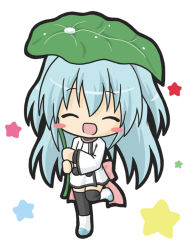 Rule 34 | 1girl, :d, ^ ^, black thighhighs, blue hair, blush stickers, boots, chibi, closed eyes, commentary request, dress, facing viewer, full body, hair between eyes, holding, holding leaf, leaf, leaf umbrella, long hair, long sleeves, noel (sora no method), open mouth, ri-net, simple background, smile, solo, sora no method, standing, standing on one leg, star (symbol), thighhighs, two side up, very long hair, water, white background, white dress, white footwear, wide sleeves