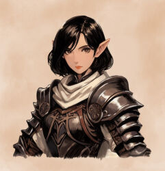 Rule 34 | 1girl, absurdres, armor, arms at sides, black hair, bob cut, breastplate, brown background, brown eyes, closed mouth, commentary, cropped torso, dungeons &amp; dragons, elf, expressionless, highres, lips, lipstick, long sleeves, looking at viewer, makeup, medium hair, original, pauldrons, pink lips, plate armor, pointy ears, portrait, sai (bankoru), scarf, shoulder armor, solo, swept bangs, upper body, white scarf