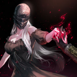 Rule 34 | 1girl, annalise queen of the vilebloods, bare shoulders, black background, black dress, black gloves, bloodborne, commentary request, dress, from behind, gloves, gradient background, grey hair, helm, helmet, highres, holding hands, jiro (ninetysix), long hair, magic, mask, solo focus, very long hair, weapon