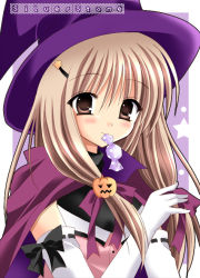 Rule 34 | 00s, 1girl, 2006, candy, elbow gloves, gloves, hat, kirishima riona, mouth hold, pumpkin, solo, witch, witch hat