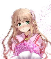 Rule 34 | 1girl, birthday, blush, bouquet, braid, brown hair, ca2la, closed mouth, commentary request, dress, embarrassed, eyelashes, eyes visible through hair, flower, green eyes, hair between eyes, hair flower, hair ornament, happy, happy birthday, head tilt, highres, juliet sleeves, kanbe kotori, kazamatsuri institute high school uniform, lips, long hair, long sleeves, looking at viewer, neck ribbon, nose blush, pink dress, pink flower, puffy sleeves, purple flower, red ribbon, rewrite, ribbon, school uniform, sidelocks, simple background, smile, solo, straight-on, twin braids, upper body, very long hair, wavy hair, white background