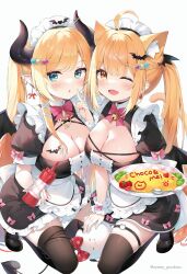 Rule 34 | 2girls, :o, ;d, alternate costume, ayamy, black thighhighs, blonde hair, blue eyes, breasts, cleavage, commentary request, enmaided, food, highres, hololive, horns, ketchup, large breasts, long hair, looking at viewer, maid, maid headdress, multiple girls, omelet, omurice, one eye closed, open mouth, pointy ears, simple background, sitting, smile, thighhighs, twintails, twitter username, virtual youtuber, white background, yozora mel, yuzuki choco