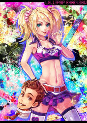 Rule 34 | 1boy, 1girl, :p, abs, aqua eyes, belt, blonde hair, blue eyes, breasts, brown eyes, brown hair, candy, cheerleader, cleavage, clothes writing, couple, crop top, food, grasshopper manufacture, grin, hand on own hip, hotaka (honeybee1206), juliet starling, large breasts, lollipop, lollipop chainsaw, long hair, midriff, miniskirt, navel, necktie, nick carlyle, scrunchie, severed head, short hair, skirt, smile, thighhighs, tongue, tongue out, twintails, watch, white thighhighs, wristband, wristwatch