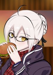 Rule 34 | 1girl, absurdres, ahoge, artoria pendragon (fate), black ribbon, blonde hair, braid, breasts, burger, eating, fate/grand order, fate (series), food, french braid, glasses, hair ribbon, highres, ketchup, lettuce, light blush, looking at viewer, meat, mko (mko v3), mysterious heroine x alter (fate), mysterious heroine x alter (first ascension) (fate), plaid, plaid scarf, ribbon, scarf, semi-rimless eyewear, solo, upper body, yellow eyes
