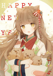 Rule 34 | 1girl, 2019, :d, animal, animal ears, animal hug, blue flower, boar, brown eyes, brown hair, cat ears, chinese zodiac, commentary request, fang, flower, hair flower, hair ornament, haori, happy new year, highres, japanese clothes, kimono, long hair, long sleeves, looking at viewer, new year, open mouth, original, red flower, red kimono, smile, solo, suzumori uina, upper body, very long hair, wide sleeves, year of the pig
