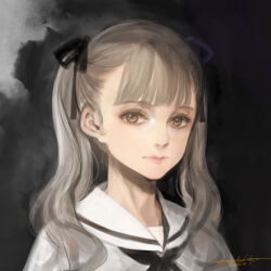 Rule 34 | 1girl, black neckerchief, black ribbon, brown eyes, close-up, commentary request, dark background, dated, expressionless, grey hair, grey shirt, hair ribbon, highres, long hair, looking at viewer, neckerchief, ooyari ashito, original, portrait, ribbon, sailor collar, shirt, sign, sketch, solo, twintails