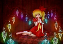Rule 34 | 1girl, arm support, ascot, bad deviantart id, bad id, barefoot, blonde hair, blood, blood on face, blood on hands, checkered floor, dress, fangs, flandre scarlet, floor, hair ribbon, highres, licking, p2ichigo, puffy short sleeves, puffy sleeves, red dress, red eyes, red ribbon, ribbon, short hair, short sleeves, side ponytail, sitting, solo, tongue, touhou, wings