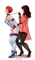 Rule 34 | 2boys, anal, androgynous, ass, black hair, collar, crossdressing, elbow gloves, erection, gloves, high heels, highres, leash, lingerie, long hair, male penetrated, multiple boys, navel, nipples, open mouth, penis, red hair, see-through, short hair, tesomu, testicles, thighhighs, trap, trap on trap, underwear, yaoi